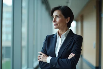 Femme dirigeante syndicale préservant sa vie privée face à la pression médiatique, portrait éditorial dans un couloir institutionnel