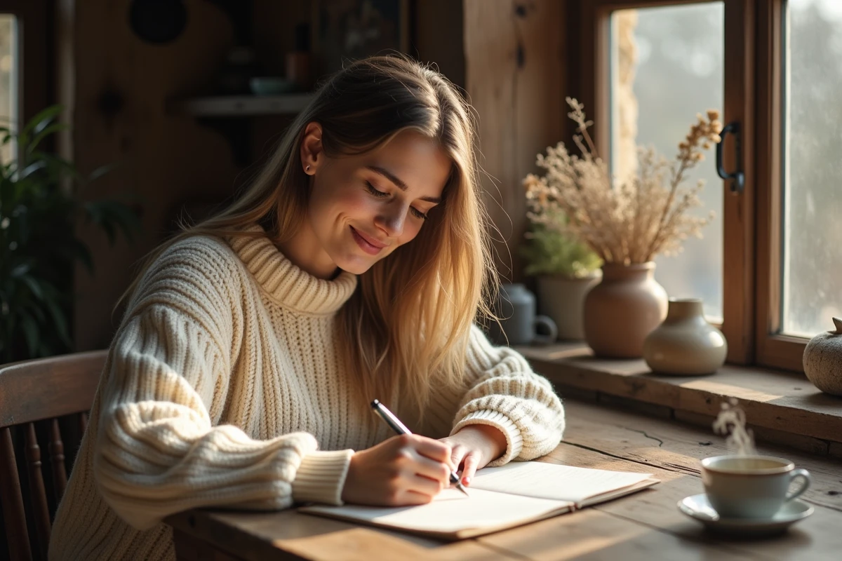 Jeune femme écrivant une lettre touchante à la main pour sa meilleure amie dans un cadre chaleureux et intimiste