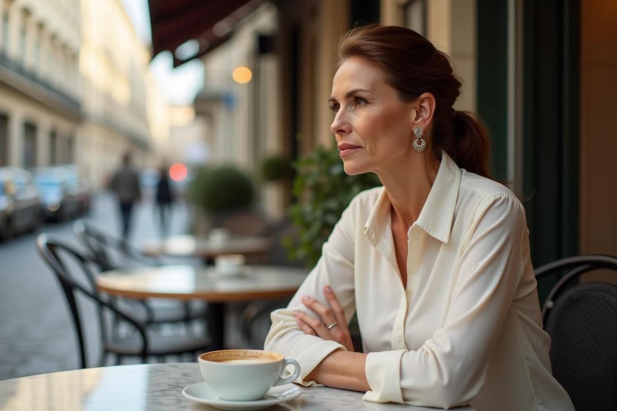 Femme élégante assise en terrasse de café parisien, portrait naturel et confiant