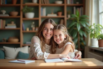 Femme souriante embrassant sa nièce dans un salon cosy