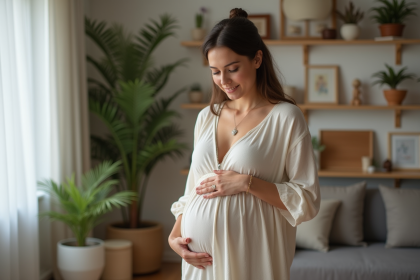 Femme enceinte avec bola de grossesse dans un salon chaleureux