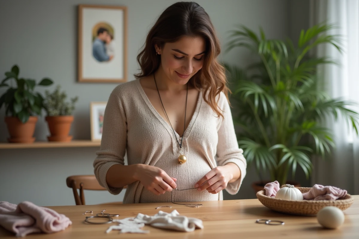 Femme enceinte créant un collier de bola de grossesse dans un intérieur chaleureux