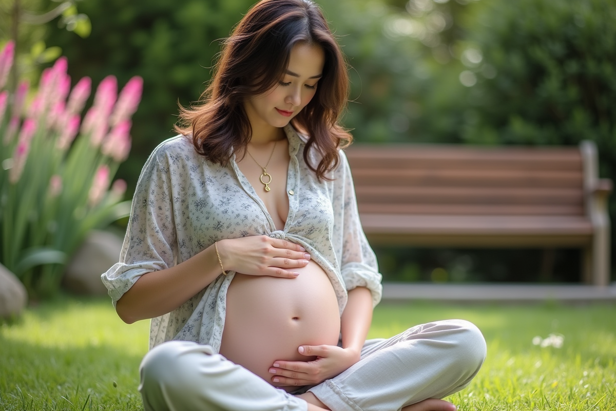 Femme enceinte assise dans un jardin en ajustant son bola