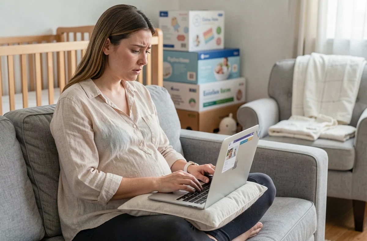 Femme enceinte consultant une liste de naissance minipouce sur ordinateur portable en identifiant les erreurs courantes