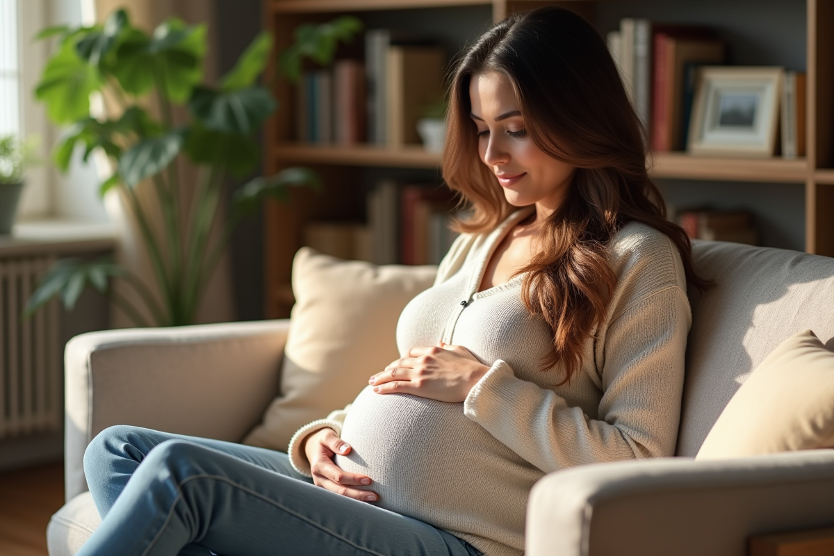 Femme enceinte assise sur un canapé lumineux et cosy