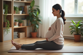 Femme enceinte faisant du yoga dans un salon lumineux