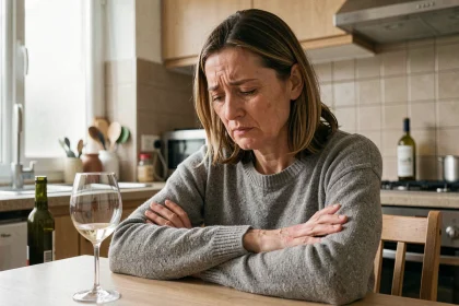 Femme épuisée assise seule à une table de cuisine avec une bouteille de vin en arrière-plan, illustrant la tension conjugale liée à l'alcoolisme