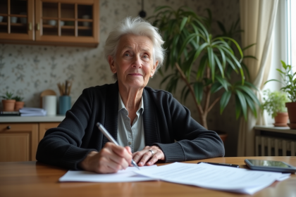 Femme d'âge moyen remplissant des formulaires à la maison