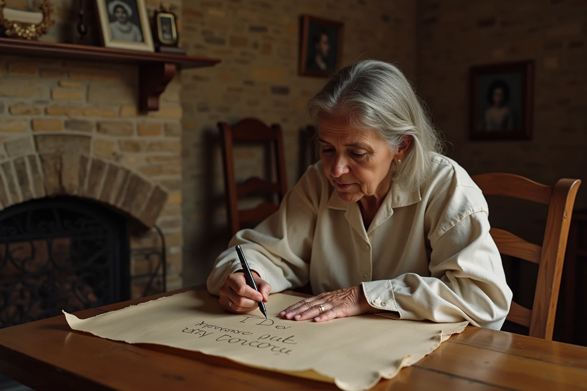 Femme grecque écrivant sur un parchemin avec photo d