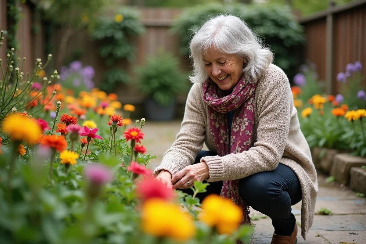 Femme âgée dans son jardin en train de soigner des fleurs