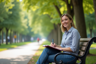 Femme assise sur un banc dans un parc en train de journaliser
