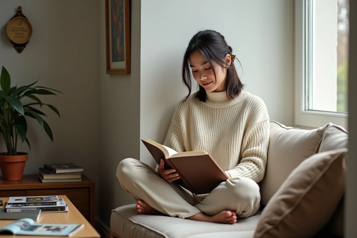 Femme en pull crème lisant un livre sur un banc de fenêtre dans un salon personnel, atmosphère intime et recueillie de vie familiale privée