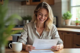 Femme qui rit en lisant une liste de prénoms imprimée à la table de sa cuisine
