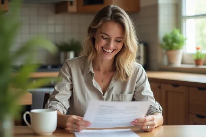 Femme qui rit en lisant une liste de prénoms imprimée à la table de sa cuisine