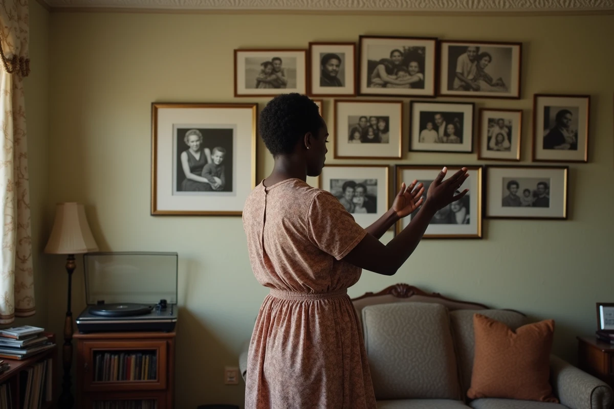Femme afro-américaine dans un salon familial vintage entouré de photographies en noir et blanc, touchant un cadre avec tendresse, évoquant la mémoire et les tragédies familiales liées à la famille Turner