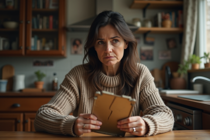Femme inquiète regardant un miroir cassé dans la cuisine