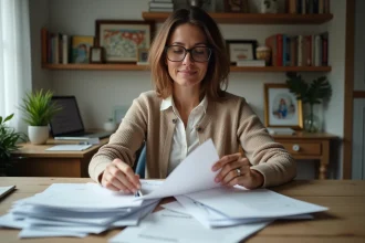 Femme organisant des documents dans un bureau à domicile