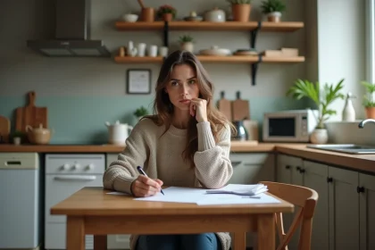 Femme d'une trentaine assise &agrave; la cuisine en train de remplir des papiers