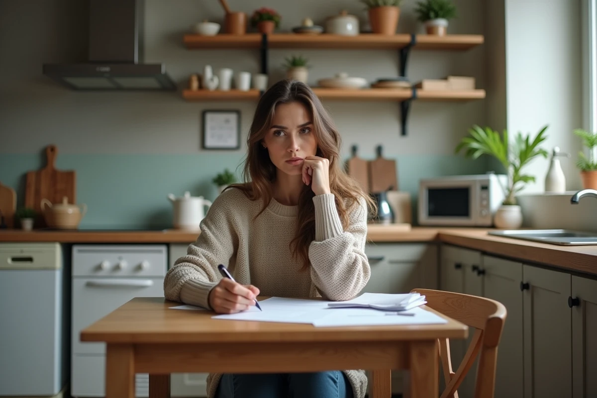 Femme d'une trentaine assise à la cuisine en train de remplir des papiers