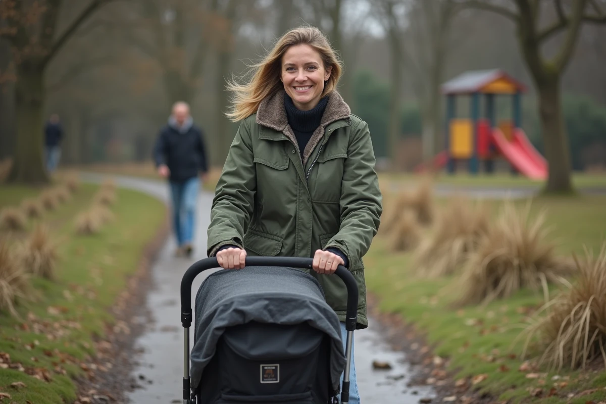 Femme poussant une poussette dans un parc naturel