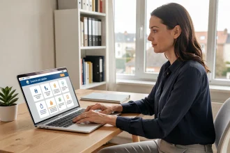Femme utilisant le portail famille en ligne depuis son bureau à domicile à Cergy