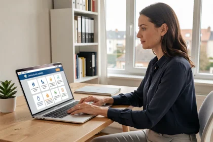 Femme utilisant le portail famille en ligne depuis son bureau à domicile à Cergy