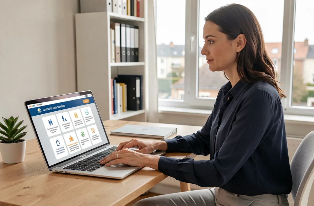 Femme utilisant le portail famille en ligne depuis son bureau à domicile à Cergy