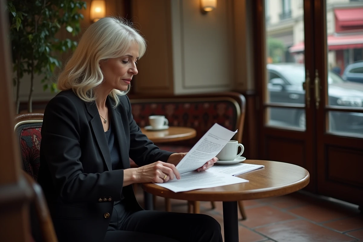 Femme de pouvoir prenant un moment de calme dans un café parisien, illustrant l'équilibre entre vie privée et vie publique