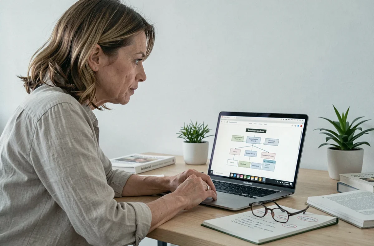 Femme effectuant des recherches sur l'origine d'un nom de famille via un site de généalogie en ligne