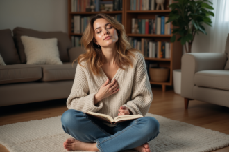 Femme en détente méditant dans un salon chaleureux