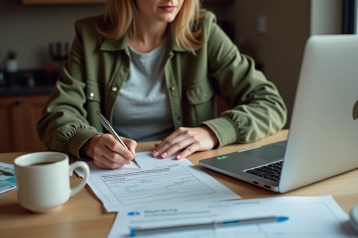 Femme remplissant un formulaire de renouvellement de permis de visite parloir à domicile avec ordinateur portable