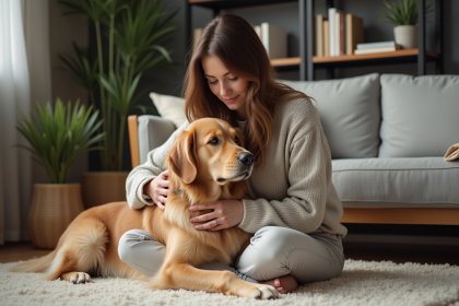 Femme assise avec un retriever dans un intérieur chaleureux