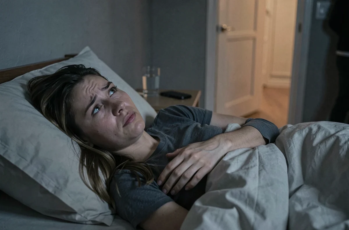 Femme allongée les yeux ouverts dans le noir, incapable de dormir après un rêve troublant sur son couple