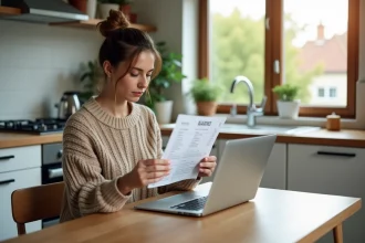 Femme en cuisine vérifiant une facture sur son ordinateur