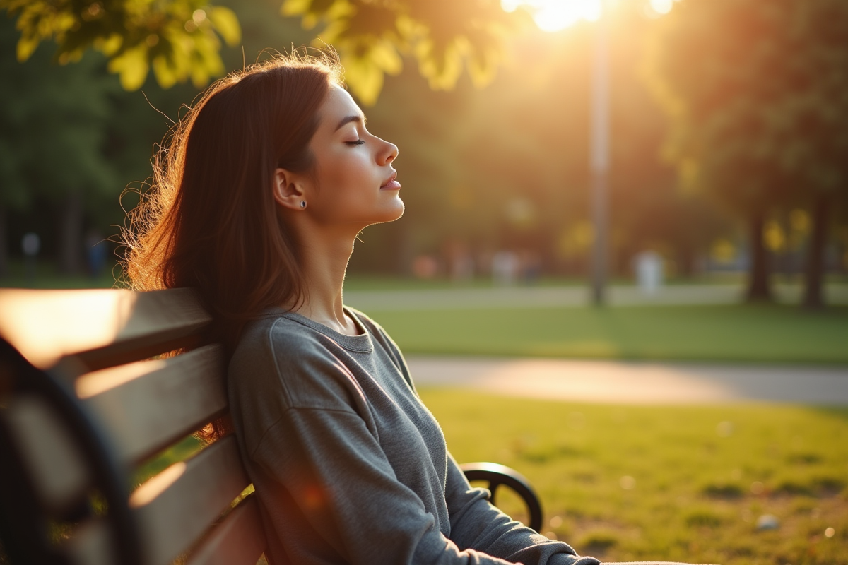 Jeune femme assise paisiblement sur un banc en plein air