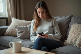 Femme assise sur un canapé en train d'écrire sur son smartphone