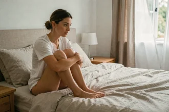 Femme songeuse assise seule sur le bord d'un lit défait, illustrant le thème du rêve d'infidélité conjugale