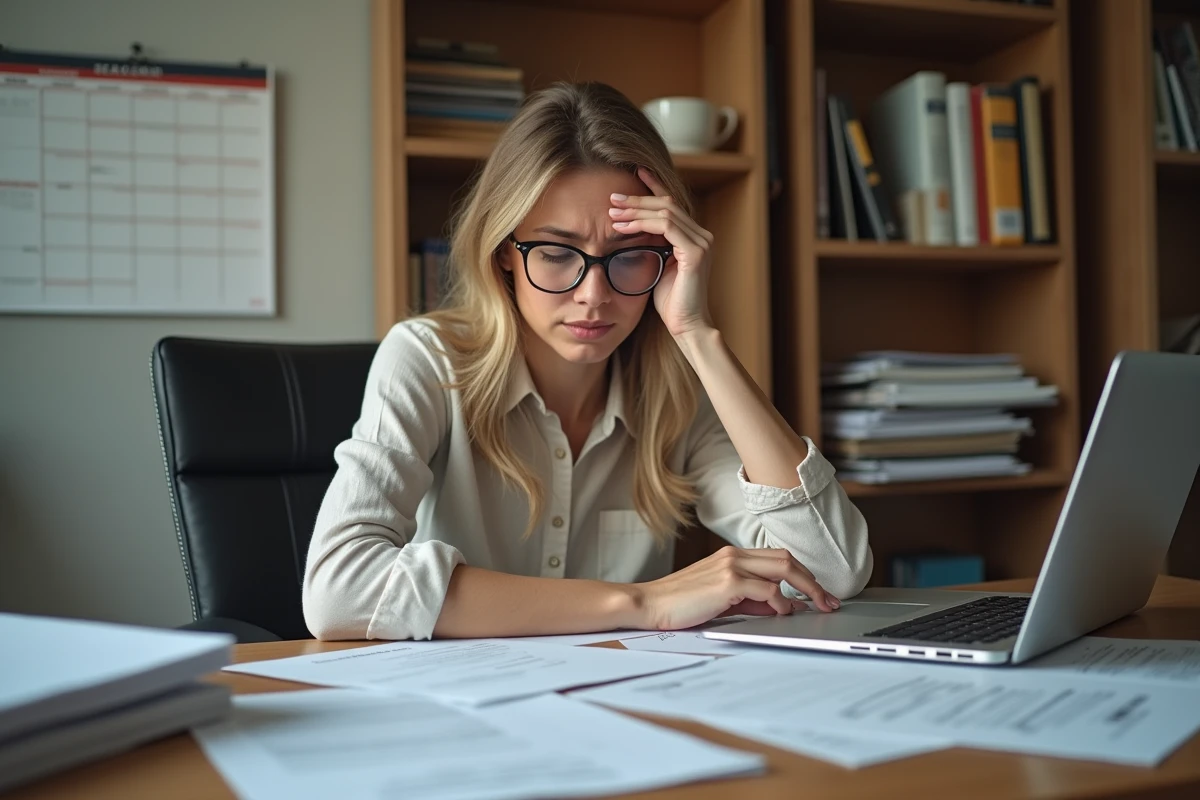 Femme stressée consultant des documents administratifs officiels sur un bureau à domicile concernant des sanctions fiscales