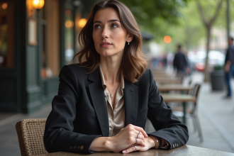 Femme en tailleur au café en ville avec alliance