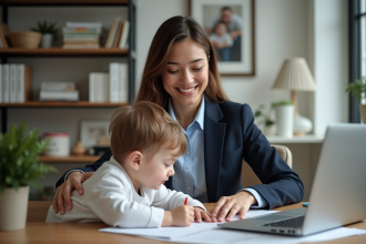 Femme professionnelle souriante avec enfant dans un bureau