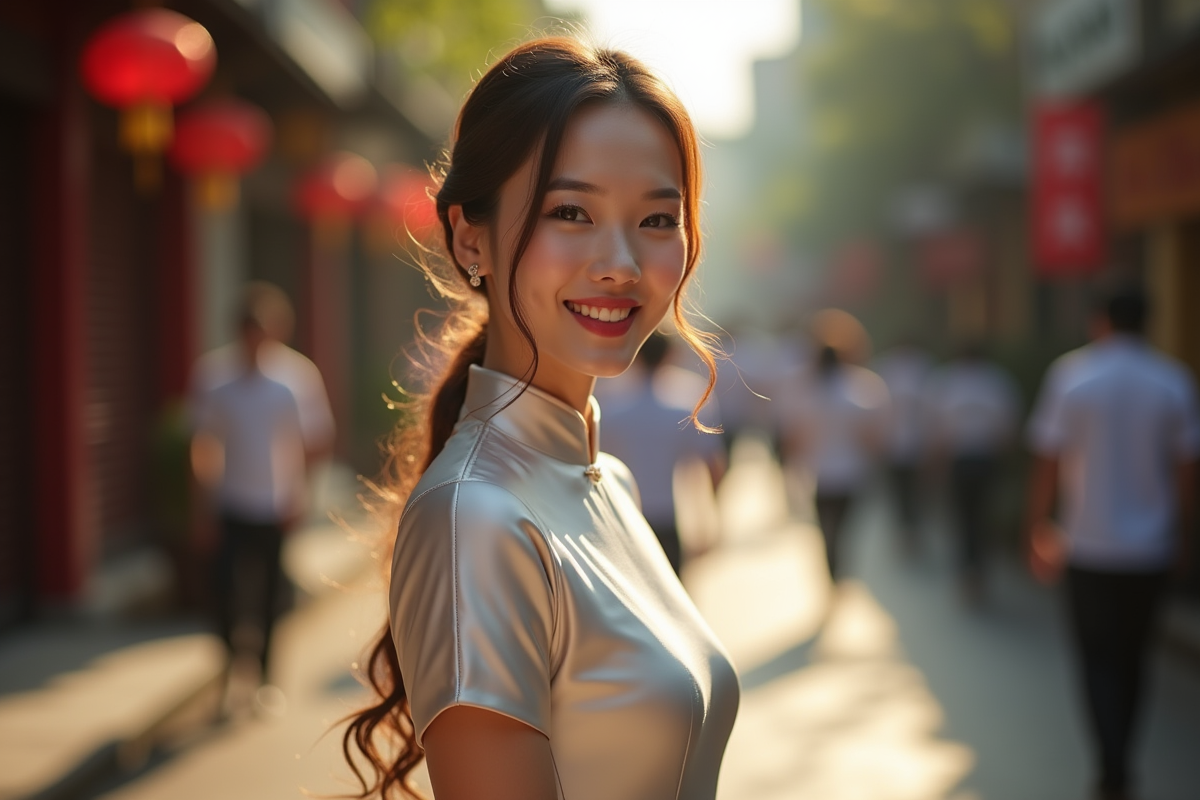 Femme vietnamienne en ao dai dans la rue de Hanoi