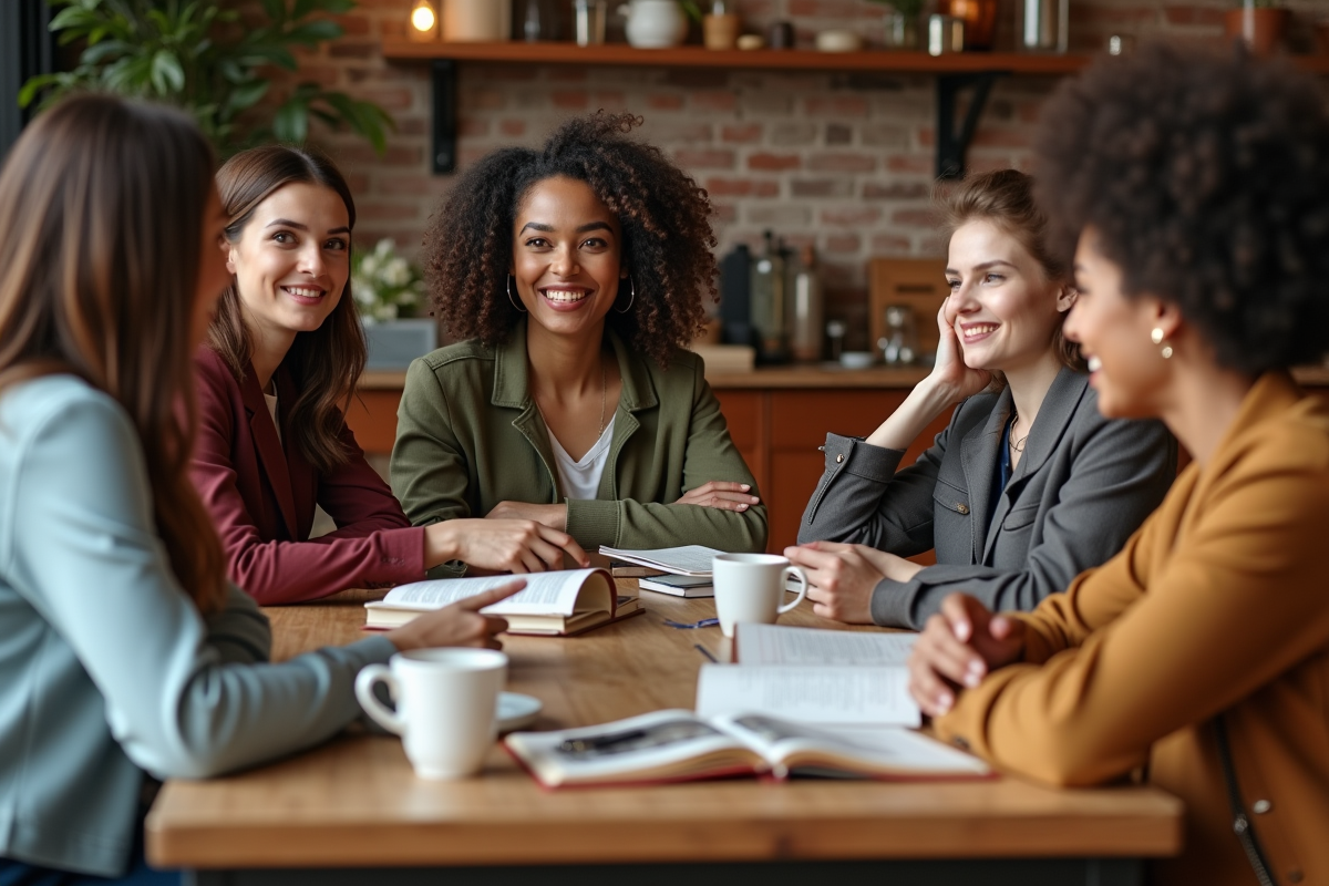 Femmes diverses discutant dans un café urbain cosy