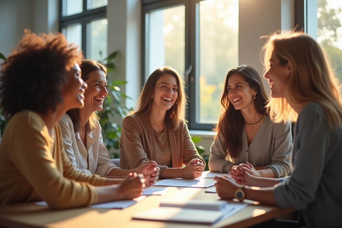 Groupe de femmes diverses discutant dans un espace lumineux