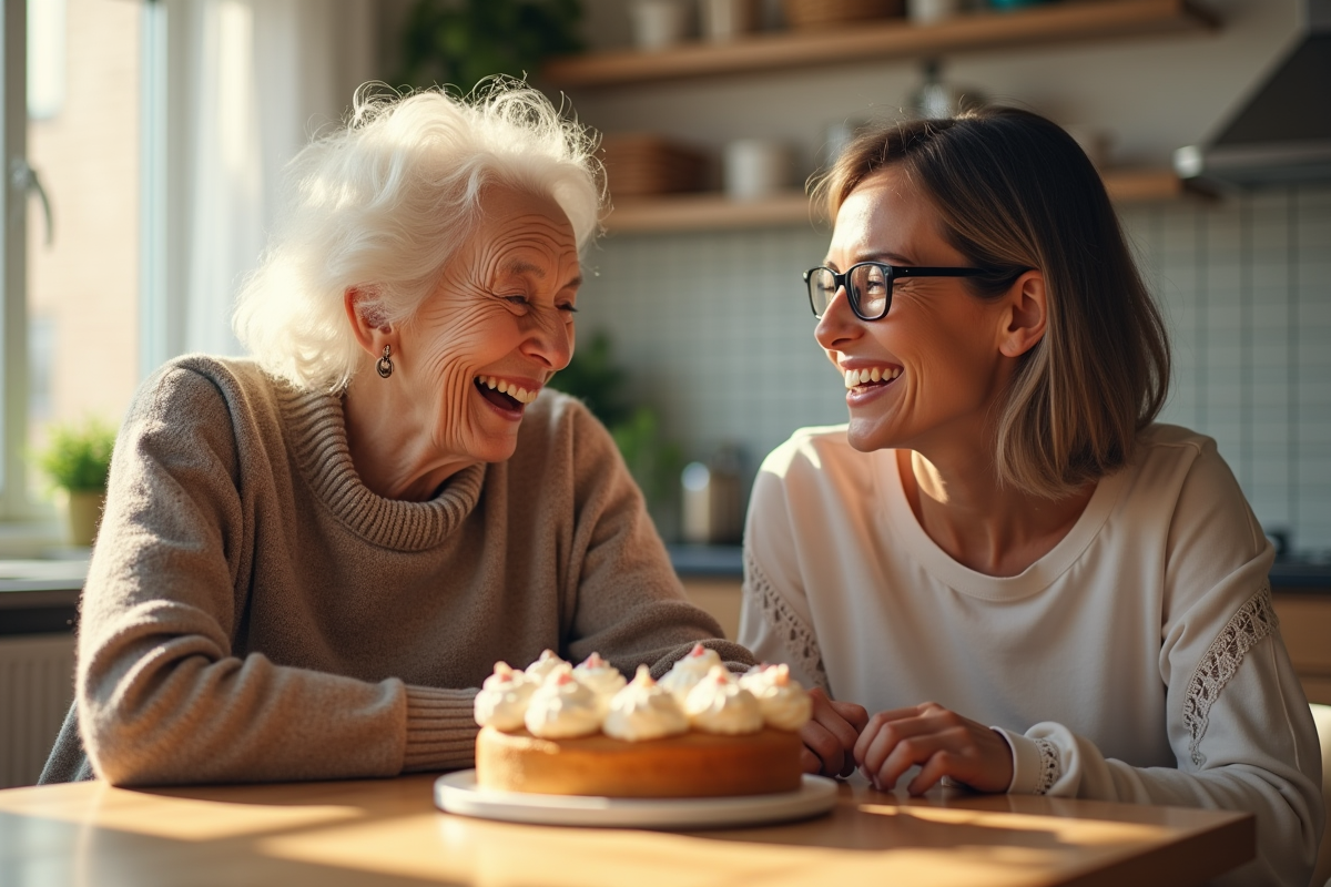 Deux générations partagent un gâteau fait maison à la cuisine