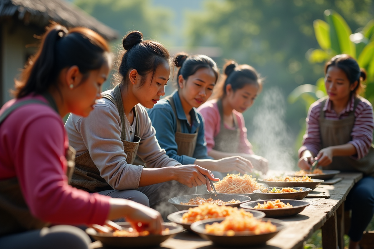 Femmes vietnamiennes préparant un repas en plein air