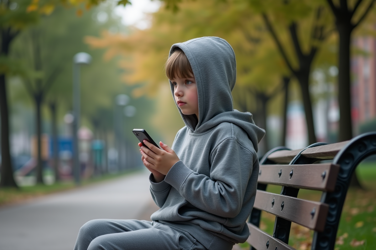 Fille de 12 ans assise sur un banc de parc urbain