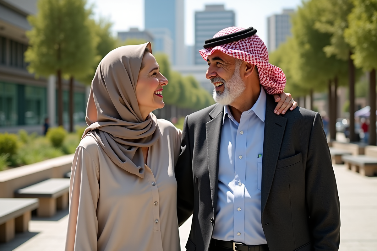 Fille arabe et père discutant dans un parc urbain