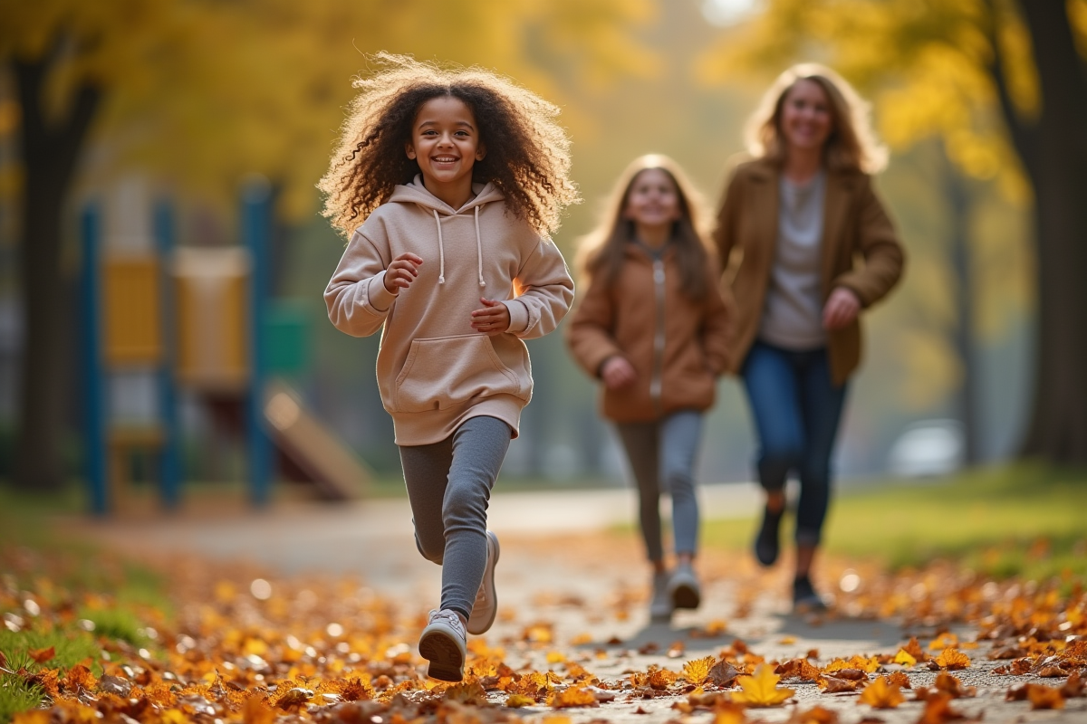 Fille de 13 ans court avec sa mère dans un parc automnal