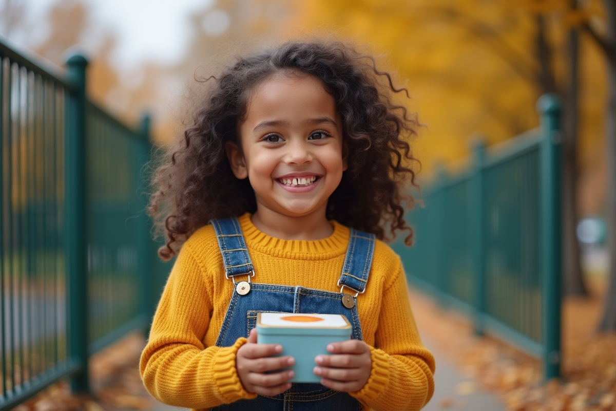 Fille de sept ans avec un sourire et une boîte à dents dehors