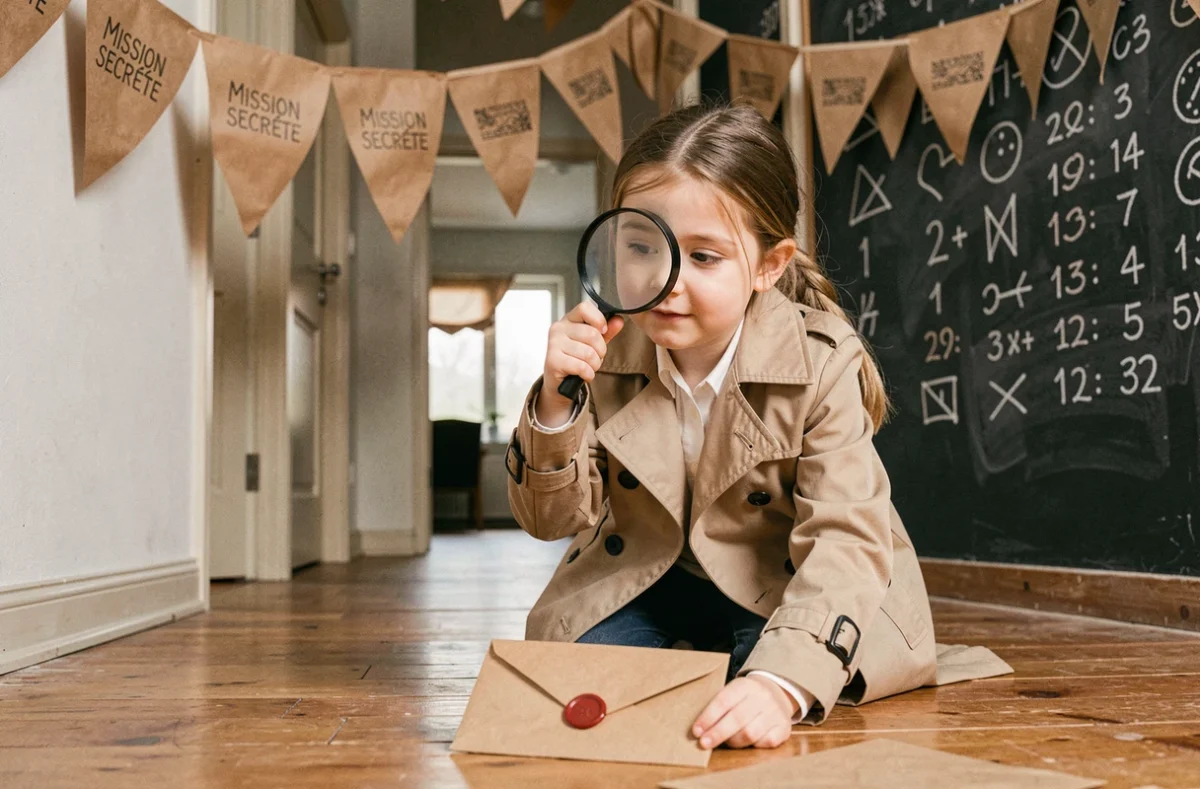 Jeune fille déguisée en détective examinant une enveloppe scellée lors d'une animation d'anniversaire thème enquête secrète